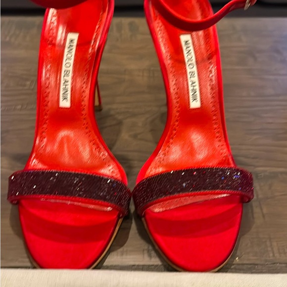 Manolo Blahnik Shoes - Manolo Blahnik Red Crystal Satin Heel Sandals